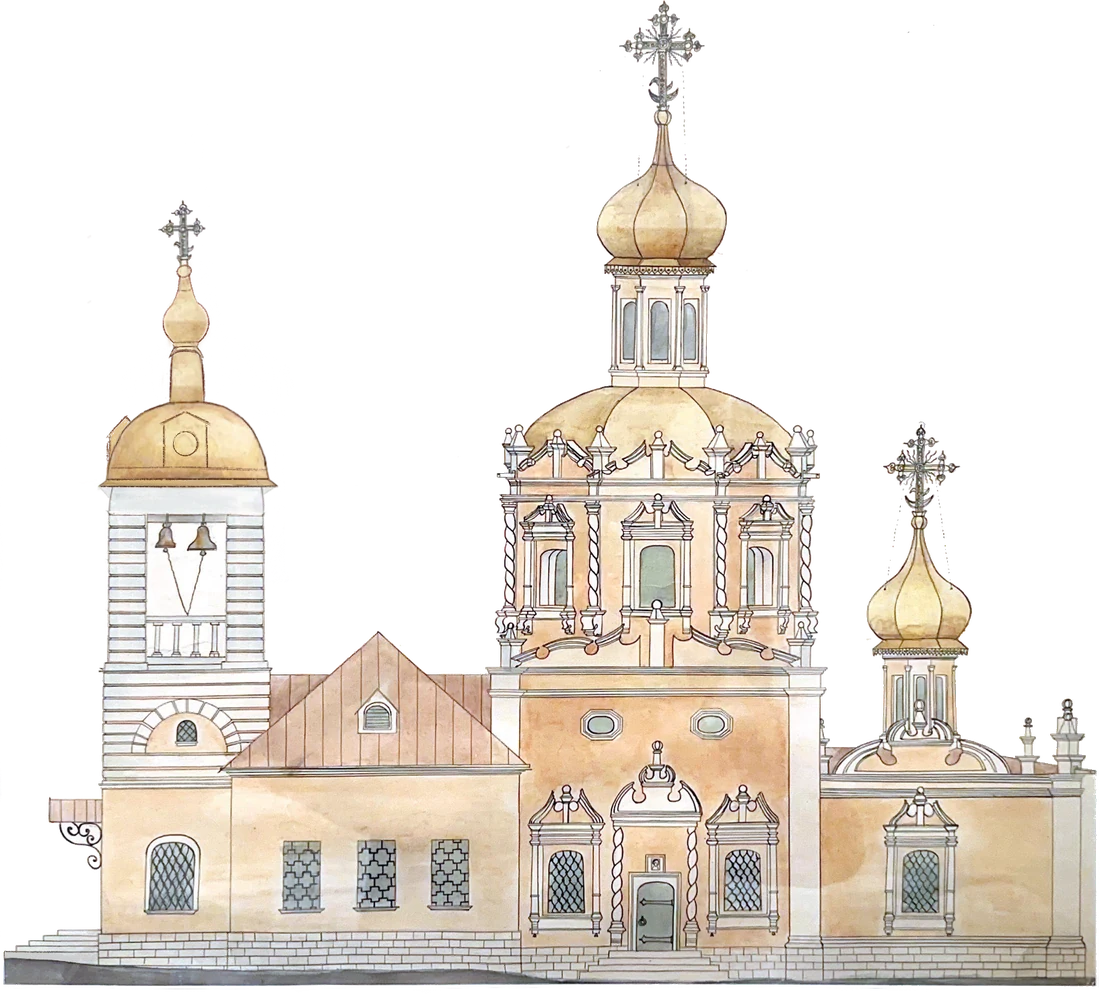 Храм Живоначальной Троицы в Конькове - акварельный рисунок